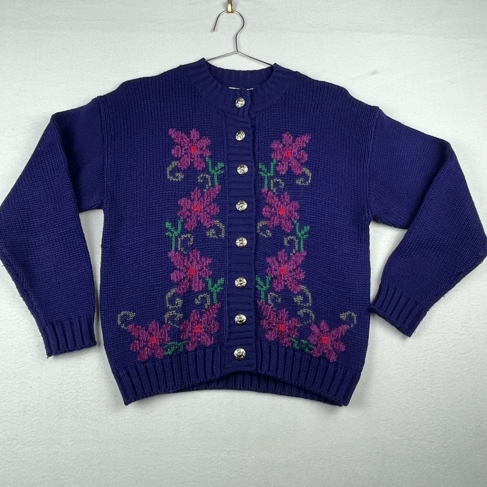 Vtg Russ Cardigan‎ Sweater Womens Large Purple Floral Wool Blend Grandmacore